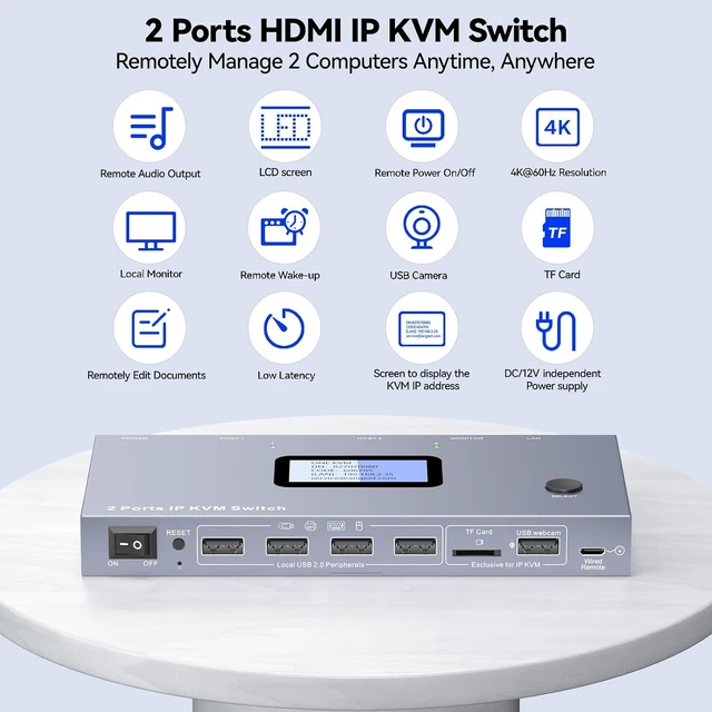 Alt view image 7 of 7 - AUTYUE ONE-KVM 4K Remote KVM Switch Over IP, Remotely Switch & Control 2 Computers
HDMI IP KVM Switch 2 Computers Over Internet, ATX Power Control, ZeroTier,TF Card,Webcam,Wake, Install OS Via BIOS