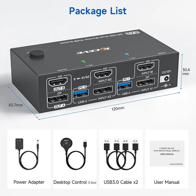 Alt view image 7 of 7 - AUTYUE 8K KVM Switch 2 Monitors 2 Computers 4K@144Hz 2 Port HDMI+DP KVM Switch
Dual Monitor KVM Switches with 4 USB3.0 Ports for Keyboard Mouse; Two Display Modes;with Wired Controller &Power Adapter