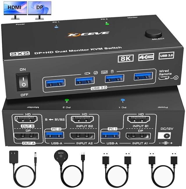 Main image of AUTYUE 8K KVM Switch 2 Monitors 2 Computers 4K@144Hz 2 Port HDMI+DP KVM Switch
Dual Monitor KVM Switches with 4 USB3.0 Ports for Keyboard Mouse; Two Display Modes;with Wired Controller &Power Adapter