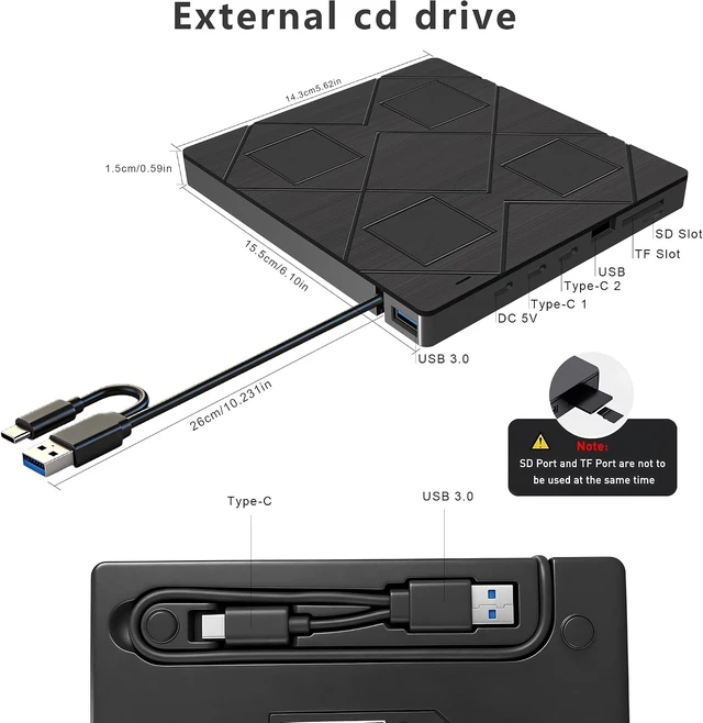 Alt view image 7 of 7 - AUTYUE 8-in-1 Portable DVD Player for Laptop, External CD DVD Drive Featuring USB*2 /USB C*2,TF/SD Card Reader, USB 3.0 Type C CD/DVD +/-RW Burner,Compatible with Windows 11/10/ 8/7/XP, Linux, Mac OS