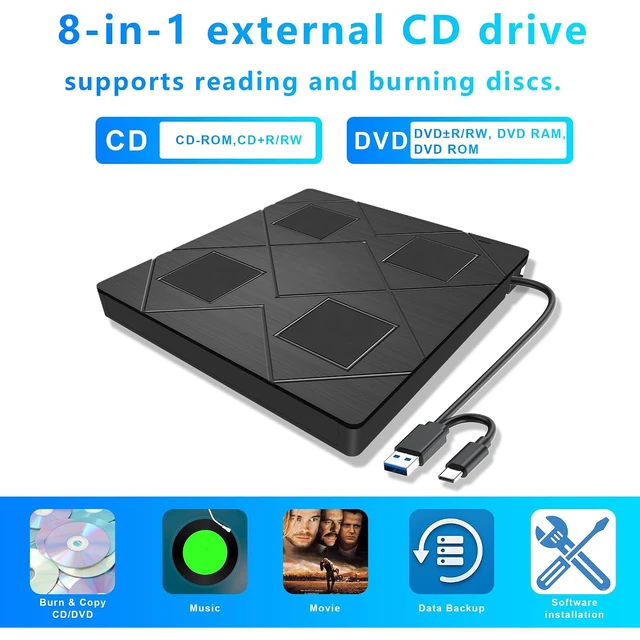 Alt view image 2 of 7 - AUTYUE 8-in-1 Portable DVD Player for Laptop, External CD DVD Drive Featuring USB*2 /USB C*2,TF/SD Card Reader, USB 3.0 Type C CD/DVD +/-RW Burner,Compatible with Windows 11/10/ 8/7/XP, Linux, Mac OS