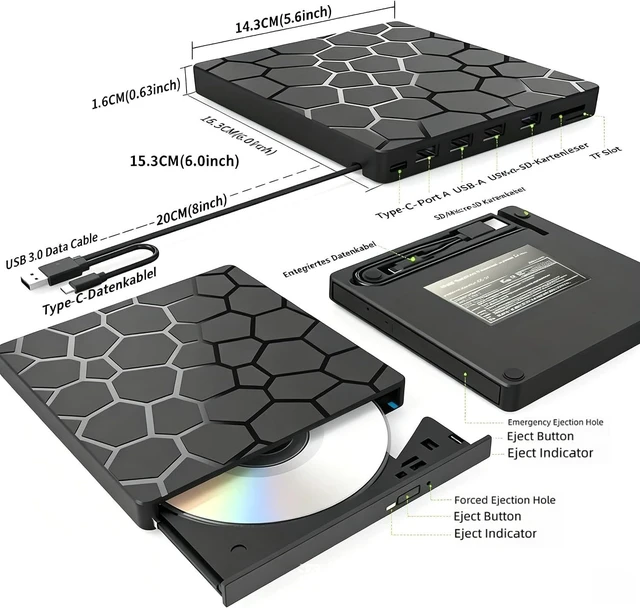 Alt view image 7 of 7 - AUTYUE External CD/DVD Drive for Laptop, Portable DVD Player, USB 3.0 Type C Ultra-Slim CD Burner External Optical Disk Drive with 4 USB Ports and SD/TF Card Reader Compatible with Windows, Linux, Mac