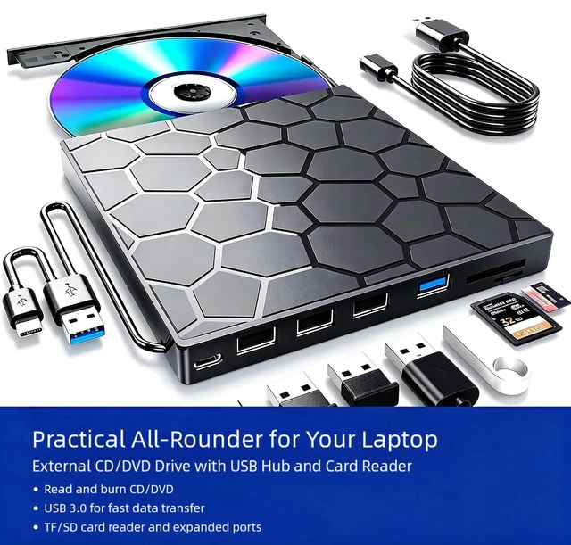 Alt view image 3 of 7 - AUTYUE External CD/DVD Drive for Laptop, Portable DVD Player, USB 3.0 Type C Ultra-Slim CD Burner External Optical Disk Drive with 4 USB Ports and SD/TF Card Reader Compatible with Windows, Linux, Mac