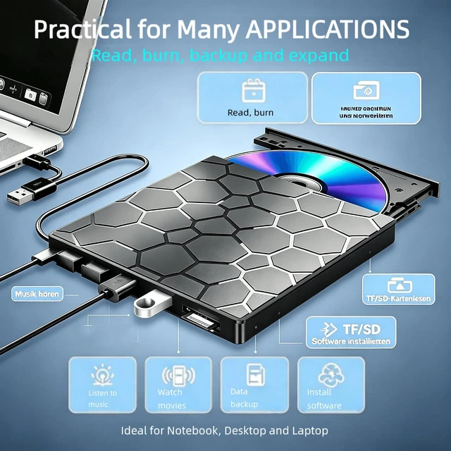 Alt view image 4 of 7 - AUTYUE External CD/DVD Drive for Laptop, Portable DVD Player, USB 3.0 Type C Ultra-Slim CD Burner External Optical Disk Drive with 4 USB Ports and SD/TF Card Reader Compatible with Windows, Linux, Mac