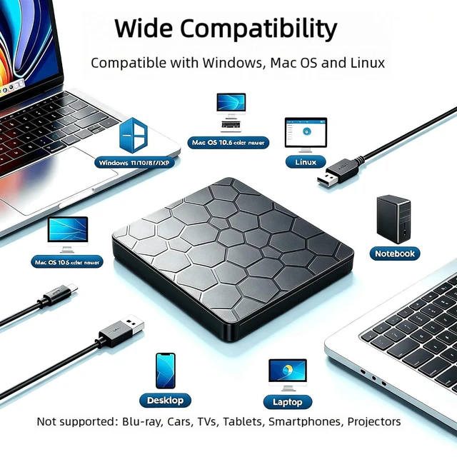 Alt view image 2 of 7 - AUTYUE External CD/DVD Drive for Laptop, Portable DVD Player, USB 3.0 Type C Ultra-Slim CD Burner External Optical Disk Drive with 4 USB Ports and SD/TF Card Reader Compatible with Windows, Linux, Mac