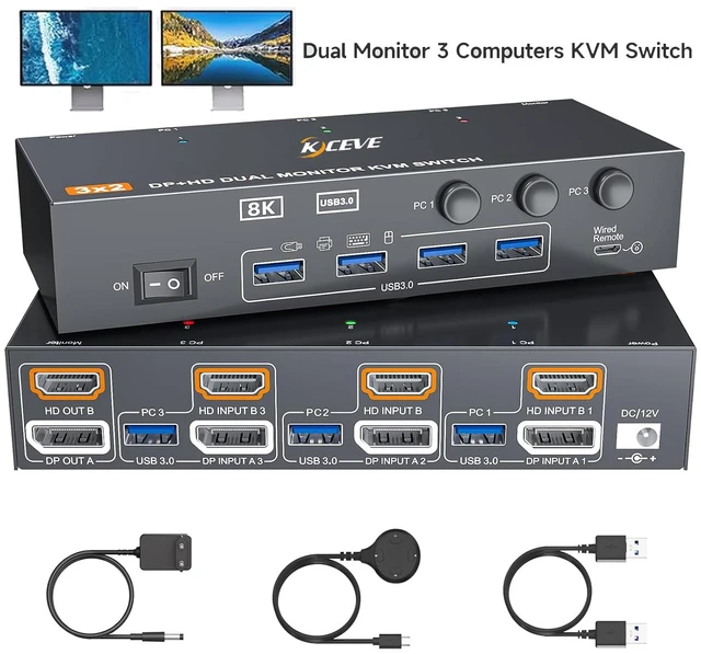 Main image of AUTYUE HDMI + Displayport KVM Switch 3 Computers 2 Monitors, 8K@60Hz/4K@144Hz HDMI DP Dual Monitor KVM Switch for 3 PCs Share 2 Monitors, with 4 USB 3.0 Ports, Wired Remote and DC 12V Power Adapter