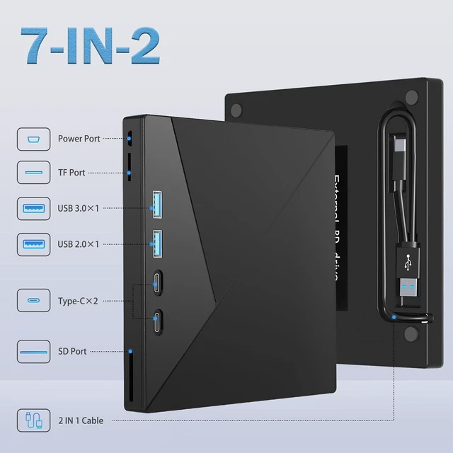 Alt view image 3 of 7 - AUTYUE 7 in 1 External 4K Blu Ray Drive for Laptop, 4K UHD Blu Ray Player,External Bluray Drive with USB 3.0 & Type-C, Portable DVD Burner 3D BD Player 4K Blu-ray Drive for Windows 7-11 MacOS Desktop