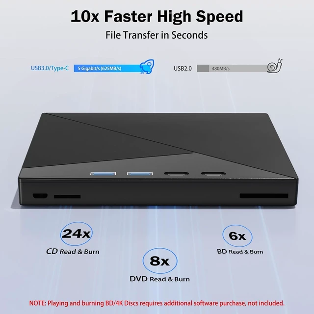 Alt view image 2 of 7 - AUTYUE 7 in 1 External 4K Blu Ray Drive for Laptop, 4K UHD Blu Ray Player,External Bluray Drive with USB 3.0 & Type-C, Portable DVD Burner 3D BD Player 4K Blu-ray Drive for Windows 7-11 MacOS Desktop