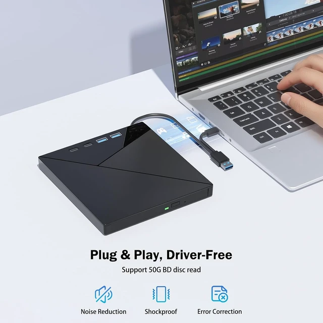 Alt view image 4 of 7 - AUTYUE 7 in 1 External 4K Blu Ray Drive for Laptop, 4K UHD Blu Ray Player,External Bluray Drive with USB 3.0 & Type-C, Portable DVD Burner 3D BD Player 4K Blu-ray Drive for Windows 7-11 MacOS Desktop