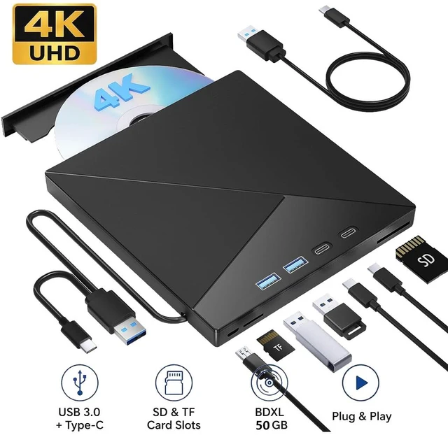 Main image of AUTYUE 7 in 1 External 4K Blu Ray Drive for Laptop, 4K UHD Blu Ray Player,External Bluray Drive with USB 3.0 & Type-C, Portable DVD Burner 3D BD Player 4K Blu-ray Drive for Windows 7-11 MacOS Desktop