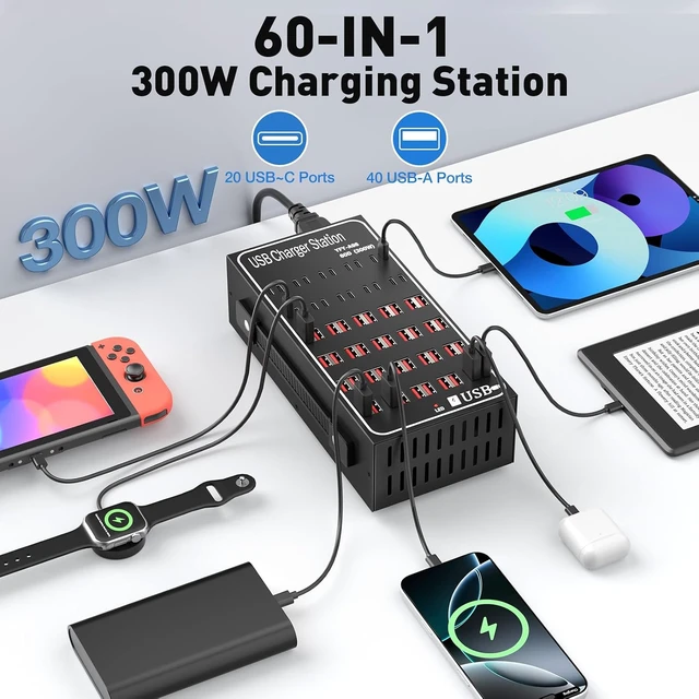 Alt view image 2 of 7 - AUTYUE Multiple USB Charging Station, 60 Ports USB (40 USB A & 20 USB C Port), 300W (60A) Fast USB Charger Station with Power Switch, Desktop USB C Charger Block Compatible with Phone iPad Tablet..
