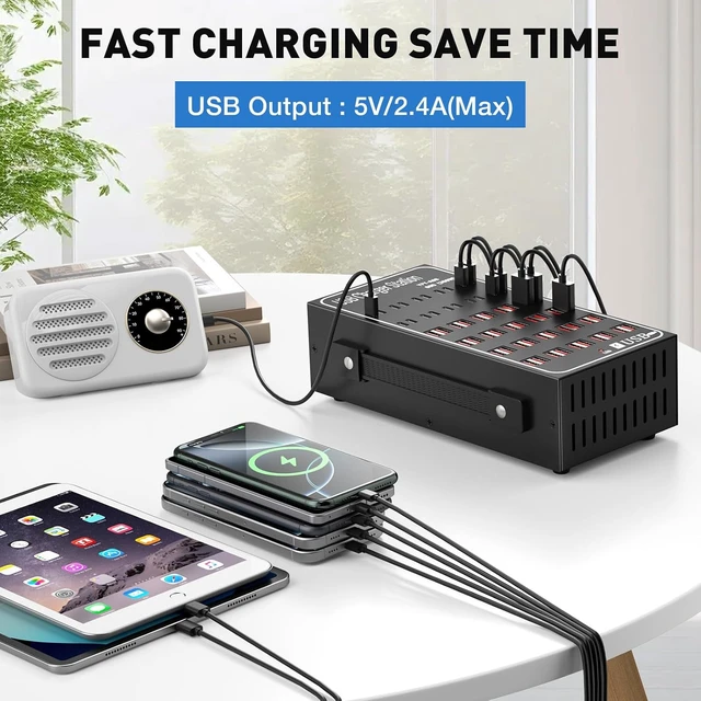 Alt view image 3 of 7 - AUTYUE Multiple USB Charging Station, 60 Ports USB (40 USB A & 20 USB C Port), 300W (60A) Fast USB Charger Station with Power Switch, Desktop USB C Charger Block Compatible with Phone iPad Tablet..