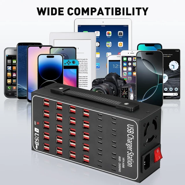 Alt view image 4 of 7 - AUTYUE Multiple USB Charging Station, 60 Ports USB (40 USB A & 20 USB C Port), 300W (60A) Fast USB Charger Station with Power Switch, Desktop USB C Charger Block Compatible with Phone iPad Tablet..