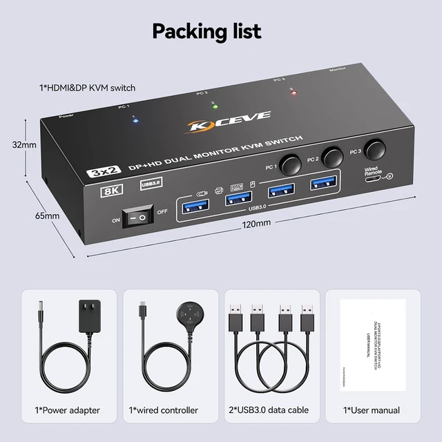 Alt view image 7 of 7 - AUTYUE HDMI+DP KVM Switch 2 Monitors 3 Computers 8K@60Hz/4K144Hz 3 PC KVM Switches
USB3.0 Dual Monitor KVM Switches for 3 PC Share 4 USB 3.0 Devices and 2 Displays, with 3 USB Cables and Wired Remote
