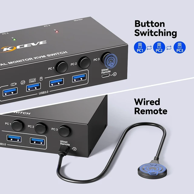 Alt view image 6 of 7 - AUTYUE HDMI+DP KVM Switch 2 Monitors 3 Computers 8K@60Hz/4K144Hz 3 PC KVM Switches
USB3.0 Dual Monitor KVM Switches for 3 PC Share 4 USB 3.0 Devices and 2 Displays, with 3 USB Cables and Wired Remote