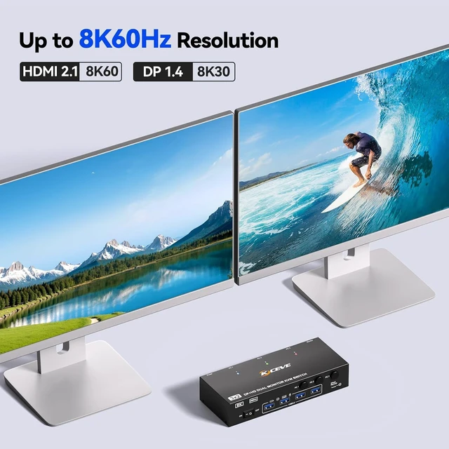 Alt view image 2 of 7 - AUTYUE HDMI+DP KVM Switch 2 Monitors 3 Computers 8K@60Hz/4K144Hz 3 PC KVM Switches
USB3.0 Dual Monitor KVM Switches for 3 PC Share 4 USB 3.0 Devices and 2 Displays, with 3 USB Cables and Wired Remote