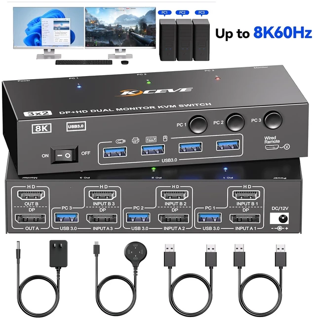 Main image of AUTYUE HDMI+DP KVM Switch 2 Monitors 3 Computers 8K@60Hz/4K144Hz 3 PC KVM Switches
USB3.0 Dual Monitor KVM Switches for 3 PC Share 4 USB 3.0 Devices and 2 Displays, with 3 USB Cables and Wired Remote