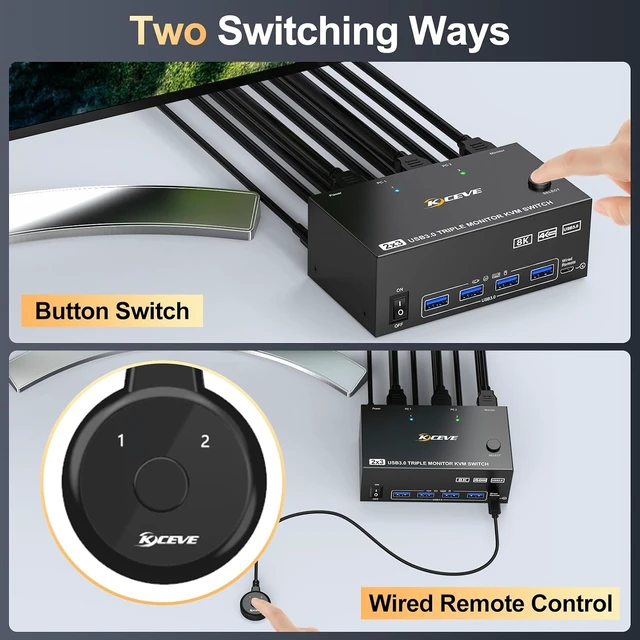 Alt view image 4 of 7 - AUTYUE 2 HDMI + Displayport KVM Switch 3 Monitors 2 Computers, 8K@60Hz 4K@144Hz Triple Monitor KVM Switch for 2 Pcs Share 3 Displays and 4 USB 3.0 Devices, Wired Remote Control & 2 USB Cables Included