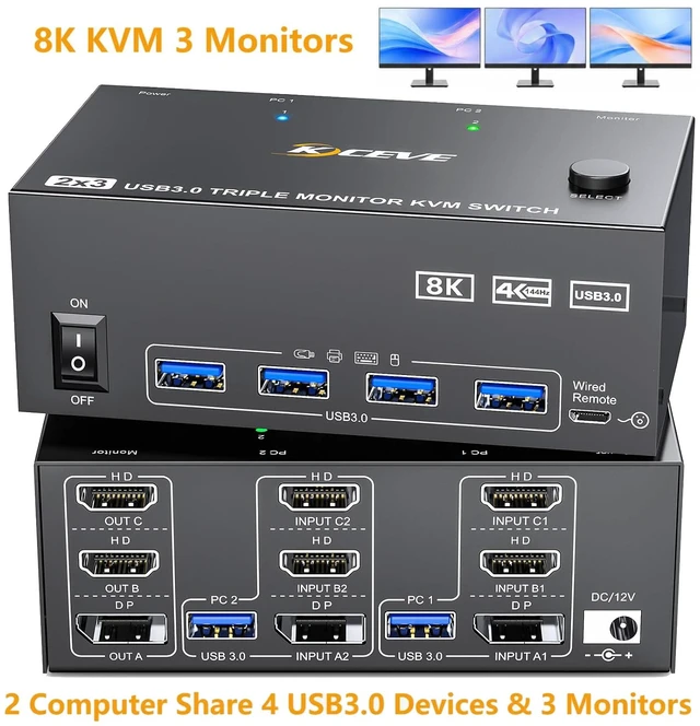 Main image of AUTYUE 2 HDMI + Displayport KVM Switch 3 Monitors 2 Computers, 8K@60Hz 4K@144Hz Triple Monitor KVM Switch for 2 Pcs Share 3 Displays and 4 USB 3.0 Devices, Wired Remote Control & 2 USB Cables Included