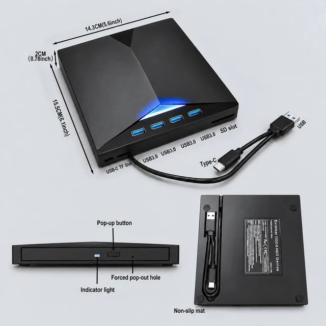 Alt view image 3 of 6 - AUTYUE USB 3.0 Type C External CD/DVD Drive for Laptop PC, CD DVD Reader CD Burner CD ROM DVD-/+RW Writer Reader with 4 USB A Ports + TF/SD Card Slots, Compatible with Windows 11/10/8/7, Linux MacOS