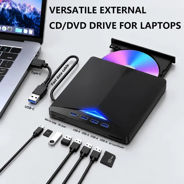 Alt view image 2 of 6 - AUTYUE USB 3.0 Type C External CD/DVD Drive for Laptop PC, CD DVD Reader CD Burner CD ROM DVD-/+RW Writer Reader with 4 USB A Ports + TF/SD Card Slots, Compatible with Windows 11/10/8/7, Linux MacOS
