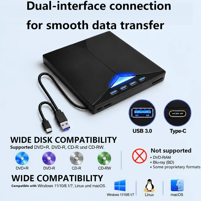 Alt view image 6 of 6 - AUTYUE USB 3.0 Type C External CD/DVD Drive for Laptop PC, CD DVD Reader CD Burner CD ROM DVD-/+RW Writer Reader with 4 USB A Ports + TF/SD Card Slots, Compatible with Windows 11/10/8/7, Linux MacOS