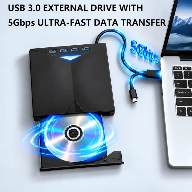 Alt view image 5 of 6 - AUTYUE USB 3.0 Type C External CD/DVD Drive for Laptop PC, CD DVD Reader CD Burner CD ROM DVD-/+RW Writer Reader with 4 USB A Ports + TF/SD Card Slots, Compatible with Windows 11/10/8/7, Linux MacOS