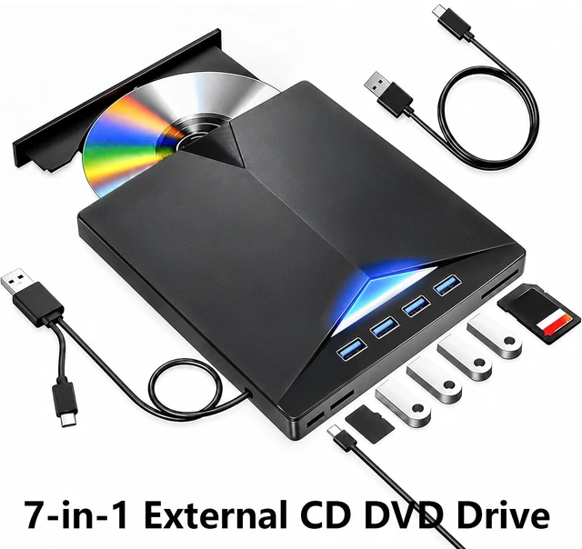 Main image of AUTYUE USB 3.0 Type C External CD/DVD Drive for Laptop PC, CD DVD Reader CD Burner CD ROM DVD-/+RW Writer Reader with 4 USB A Ports + TF/SD Card Slots, Compatible with Windows 11/10/8/7, Linux MacOS