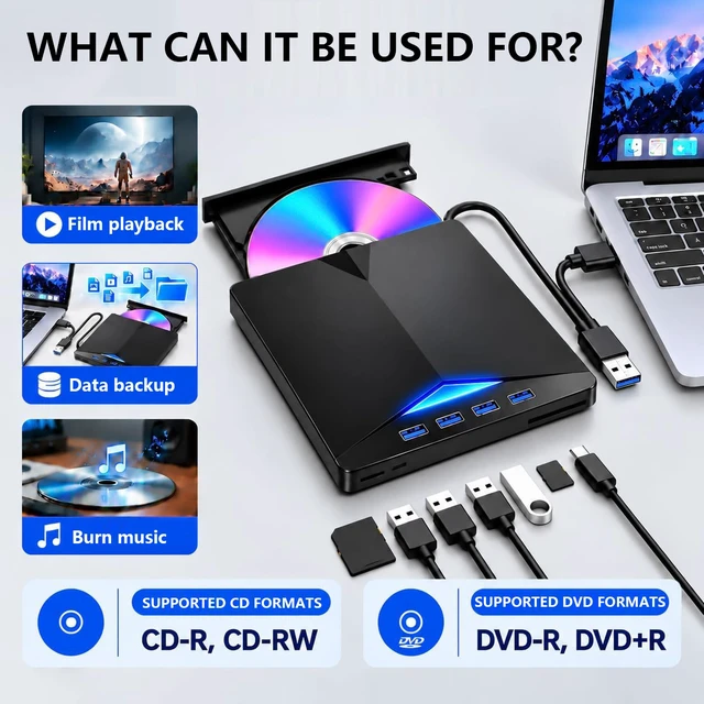 Alt view image 4 of 6 - AUTYUE USB 3.0 Type C External CD/DVD Drive for Laptop PC, CD DVD Reader CD Burner CD ROM DVD-/+RW Writer Reader with 4 USB A Ports + TF/SD Card Slots, Compatible with Windows 11/10/8/7, Linux MacOS