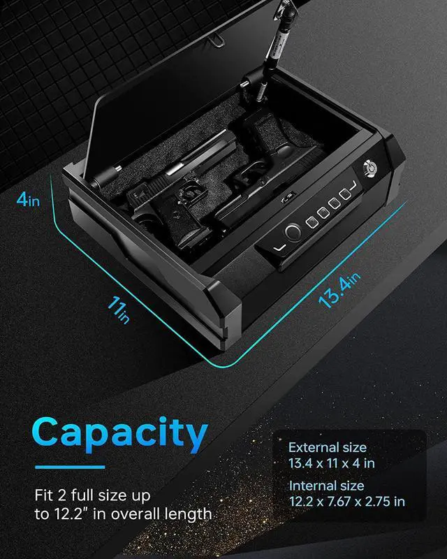 Alt view image 6 of 7 - TIGERKING Gun Safe,Biometric Gun Safe for Pistols,Quick Access Pistol Safe with Mute Mode and Auto-Open Lid Device,Sturdy Fingerprint Portable Handgun Safe for Home,Bedside Nightstand,Car,Travel