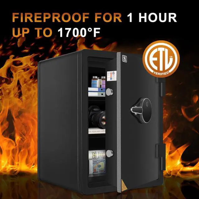 Alt view image 2 of 6 - TIGERKING 1 Hour Fireproof Safe with Fingerprint, Anti-Theft Safe Box with Digital Touchscreen Keypad Lock, Large Home Box for Valuables and Documents,23.62X17.32X17.72inchs
