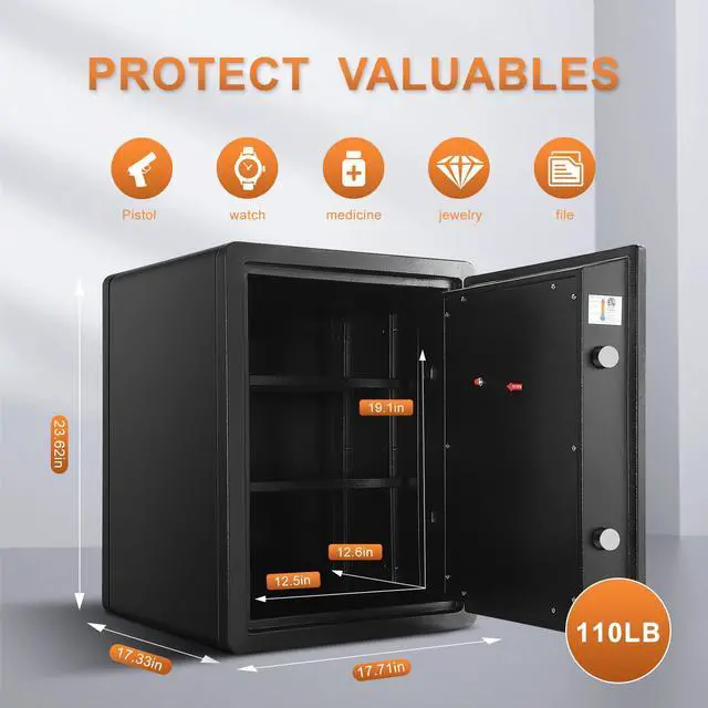 Alt view image 5 of 6 - TIGERKING 1 Hour Fireproof Safe with Fingerprint, Anti-Theft Safe Box with Digital Touchscreen Keypad Lock, Large Home Box for Valuables and Documents,23.62X17.32X17.72inchs