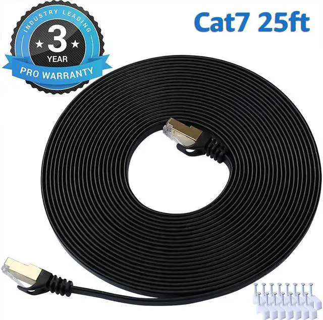 Main image of Cat 7 Ethernet Cable 25 ft LAN Cable Internet Network Cord for PS4, Xbox, Router, Modem, Gaming, Black Flat Shielded 10 Gigabit RJ45 High Speed Computer Patch Wire.