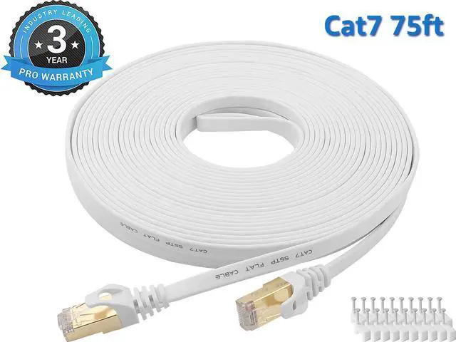 Main image of Cat 7 Ethernet Cable 75 ft LAN Cable Internet Network Cord for PS4, Xbox, Router, Modem, Gaming, White Flat Shielded 10 Gigabit RJ45 High Speed Computer Patch Wire.