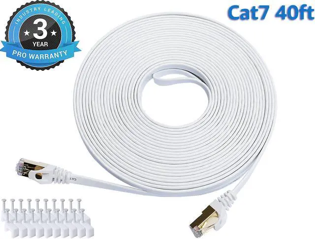 Main image of Cat 7 Ethernet Cable 40 ft LAN Cable Internet Network Cord for PS4, Xbox, Router, Modem, Gaming, White Flat Shielded 10 Gigabit RJ45 High Speed Computer Patch Wire.