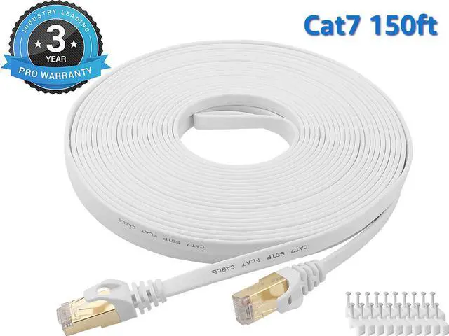 Main image of Cat 7 Ethernet Cable 150 ft LAN Cable Internet Network Cord for PS4, Xbox, Router, Modem, Gaming, White Flat Shielded 10 Gigabit RJ45 High Speed Computer Patch Wire.