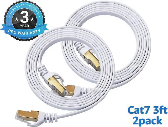 Main image of Cat 7 Ethernet Cable 3 ft 2 pack LAN Cable Internet Network Cord for PS4, Xbox, Router, Modem, Gaming, White Flat Shielded 10 Gigabit RJ45 High Speed Computer Patch Wire.