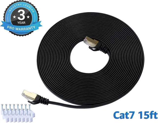 Main image of Cat 7 Ethernet Cable 15 ft LAN Cable Internet Network Cord for PS4, Xbox, Router, Modem, Gaming, Black Flat Shielded 10 Gigabit RJ45 High Speed Computer Patch Wire.