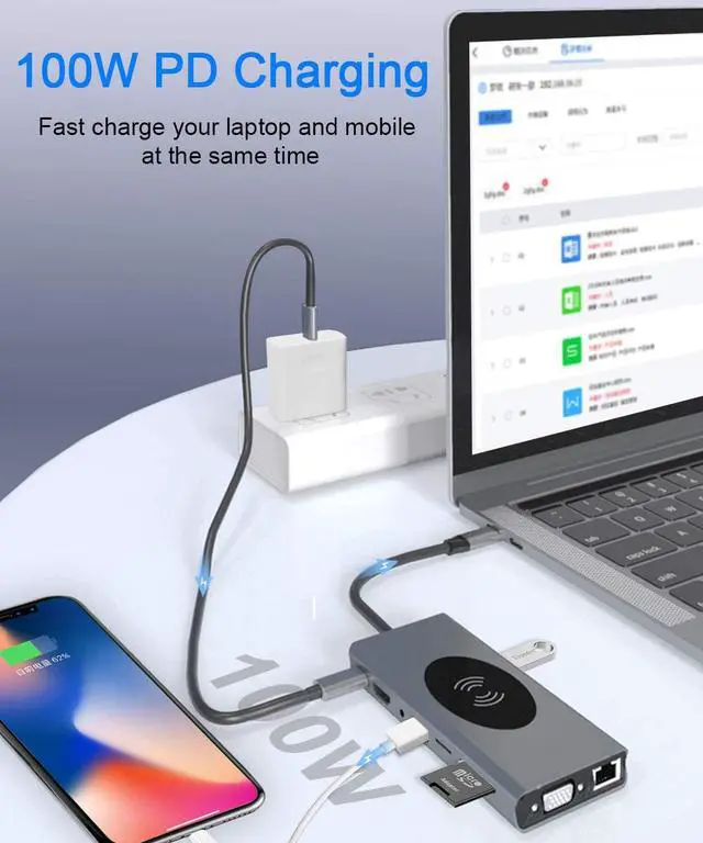 Alt view image 3 of 7 - 15 in 1 USB C Hub Multiport Adapter-Hieha USB-C Docking Station with 4K HDMI, VGA, Ethernet, Wireless Charging, 100W PD, 3 USB 3.0, SD/TF Card Reader Compatible for MacBook Pro and More Type C Laptops