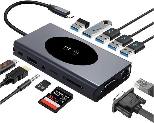 Main image of 13 in 1 USB C Hub Multiport Adapter USB-C Docking Station with 4K HDMI, VGA, Ethernet, Wireless Charging, 5 USB 3.0, SD/TF Card Reader Compatible for MacBook Pro and More Type C Laptops giyqxHw