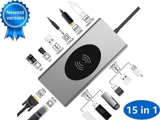 Main image of 15 in 1 USB C Hub Multiport Adapter-Hieha USB-C Docking Station with 4K HDMI, VGA, Ethernet, Wireless Charging, 100W PD, 3 USB 3.0, SD/TF Card Reader Compatible for MacBook Pro and More Type C Laptops