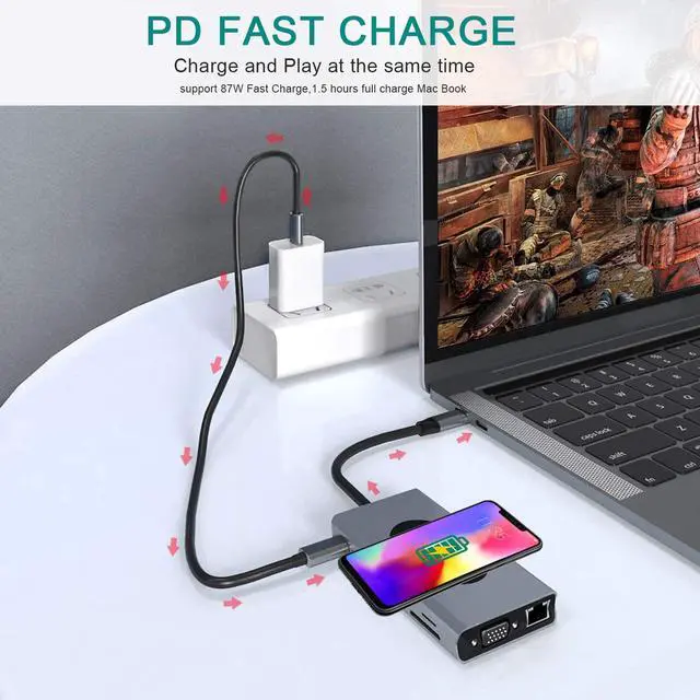 Alt view image 5 of 7 - 13 in 1 USB C Hub Multiport Adapter USB-C Docking Station with 4K HDMI, VGA, Ethernet, Wireless Charging, 5 USB 3.0, SD/TF Card Reader Compatible for MacBook Pro and More Type C Laptops giyqxHw