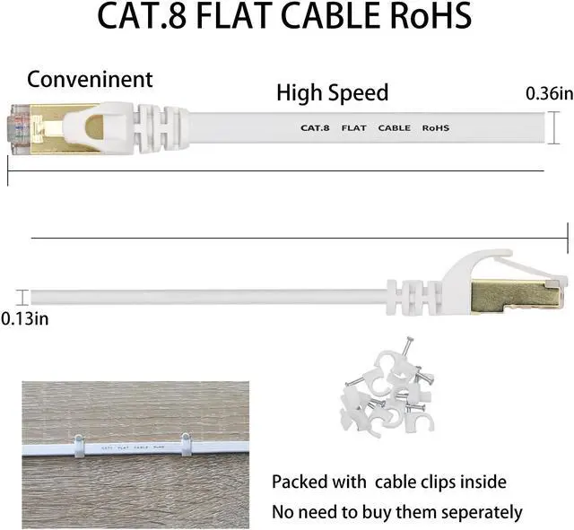 Alt view image 3 of 7 - Cat 8 Ethernet Cable 50 Ft White Flat 40Gbps High Speed Shielded RJ45 LAN Cable