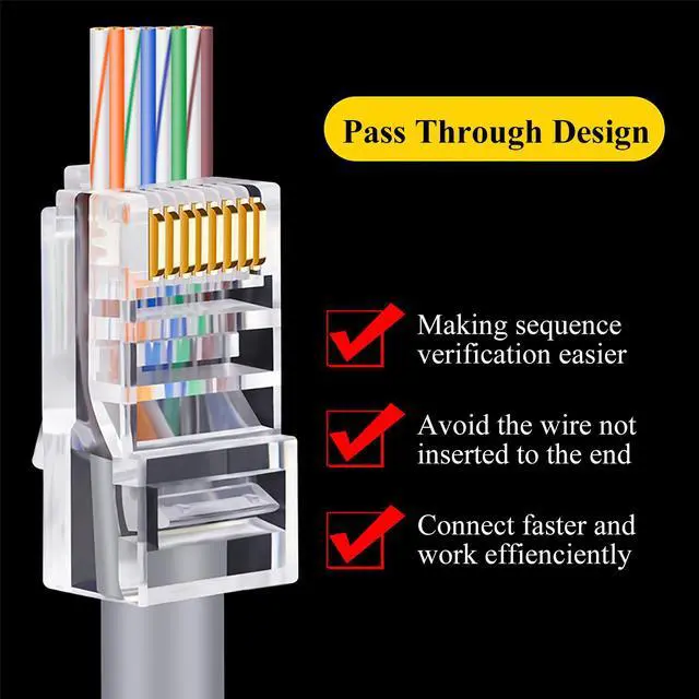 Alt view image 2 of 7 - RJ45 Connector Cat6 Cat5 Terminals Gold Plated 8P8C Ethernet Pass Through Plug(100Pack)