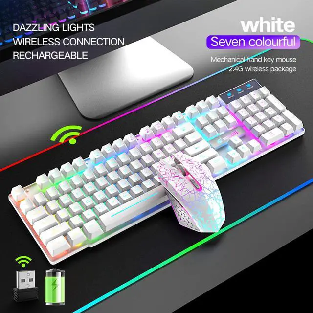Alt view image 4 of 6 - Wireless gaming keyboard and mouse combination, with rainbow LED backlight, rechargeable waterproof mechanical dustproof 7-color backlight, suitable for laptops, PC gamers