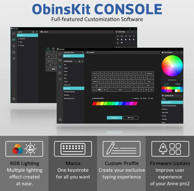 Alt view image 5 of 7 - CUUWE ANNE PRO 2, 60% Wired/Wireless Mechanical Keyboard  - Full Keys Programmable - True RGB Backlit - Tap Arrow Keys - Double Shot PBT Keycaps - NKRO - 1900mAh Battery