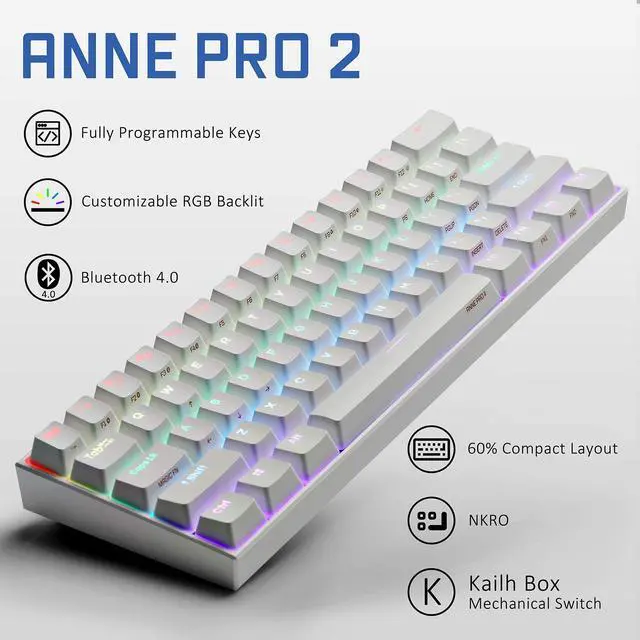Alt view image 2 of 7 - CUUWE ANNE PRO 2, 60% Wired/Wireless Mechanical Keyboard  - Full Keys Programmable - True RGB Backlit - Tap Arrow Keys - Double Shot PBT Keycaps - NKRO - 1900mAh Battery