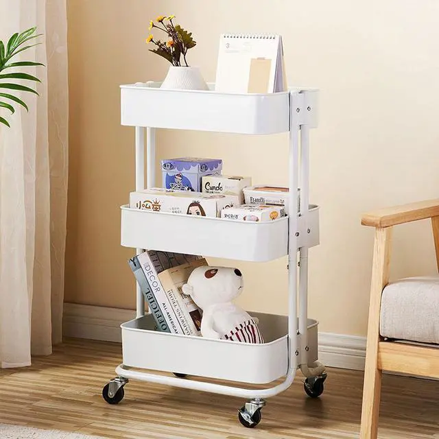 Alt view image 4 of 7 - 3 Tier Metal Rolling Utility Cart Mobile Storage Organizer Trolley Cart White