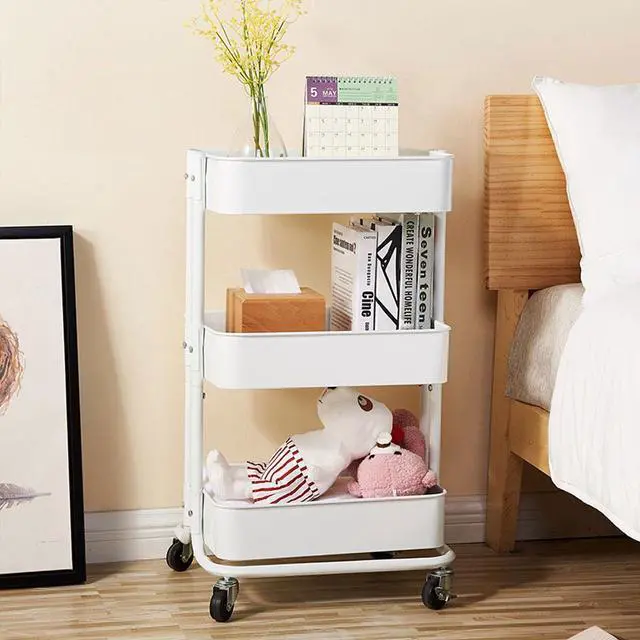 Alt view image 3 of 7 - 3 Tier Metal Rolling Utility Cart Mobile Storage Organizer Trolley Cart White