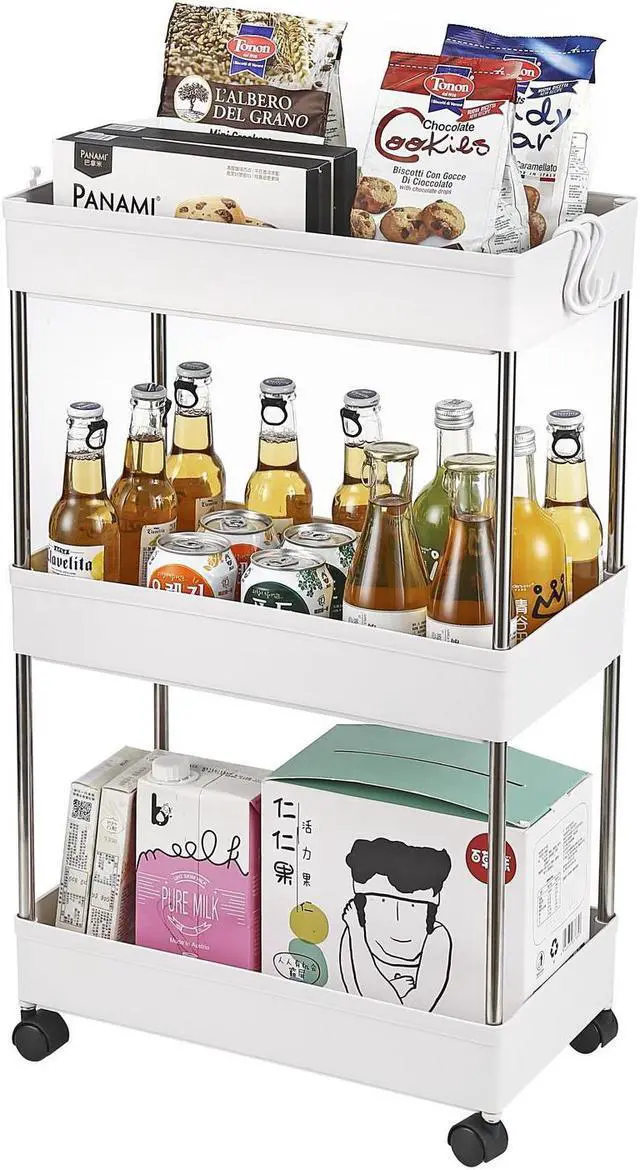Alt view image 2 of 6 - 3-Tier Rolling Metal Storage Organizer - Mobile Utility Cart with Caster Wheels, White